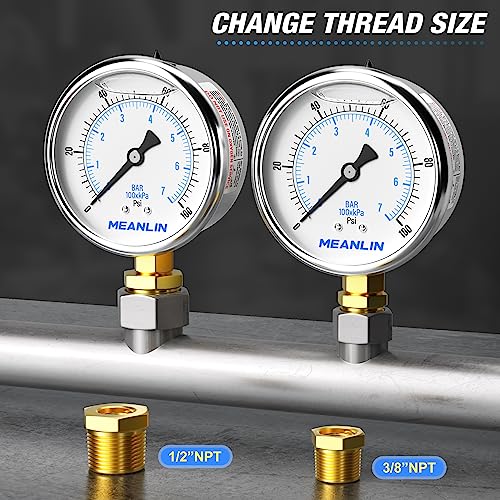 meanlin measure 0100psi stainless steel 1434 npt 2534 face dial liquid filled pressure gauge wog water oil air lower mount with 1234 npt and 3834 npt hex bushing