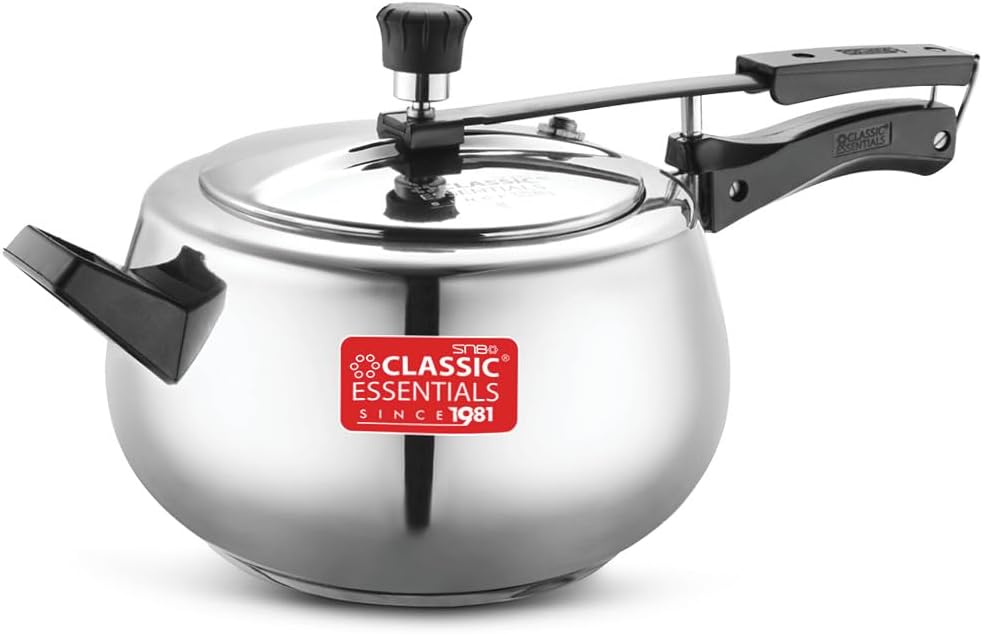 Alpha Concave Stainless Steel 5 ltr Pressure Cooker | ISI Certified | Spillage Control Inner Lid Pressure Cooker | Handi Shape | Induction Bottom Pressure Cooker, Silver 5 Liters
