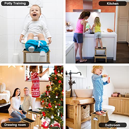 Kids Step Stools For Toddlers Bathroom Bamboo Wood Toddler Stepping Stool Kitchen Counter Sink Baby 2 Step Stool Foot Bed Stool For Adults Child Potty Training Toilet Stool, Natural Upgrade With Pads #TOP4