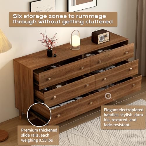 Image of Messenya 6 Drawer Dresser for Bedroom, 55 Inch Walnut Dresser for Closet, Mid Century Wood Chest of Drawers with Natural Texture & Pre-Embedded Slots for TV Stand, Living Room, Hallway, Office