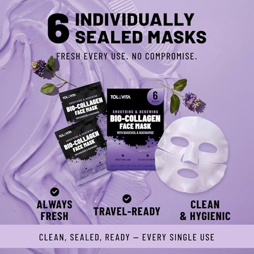 Image of TOLEVITA Bakuchiol & Niacinamide Bio-Collagen Face Mask for Smoothing & Renewing - 6 Pack, Overnight Hydrogel Mask for All Skin Types (Purple)