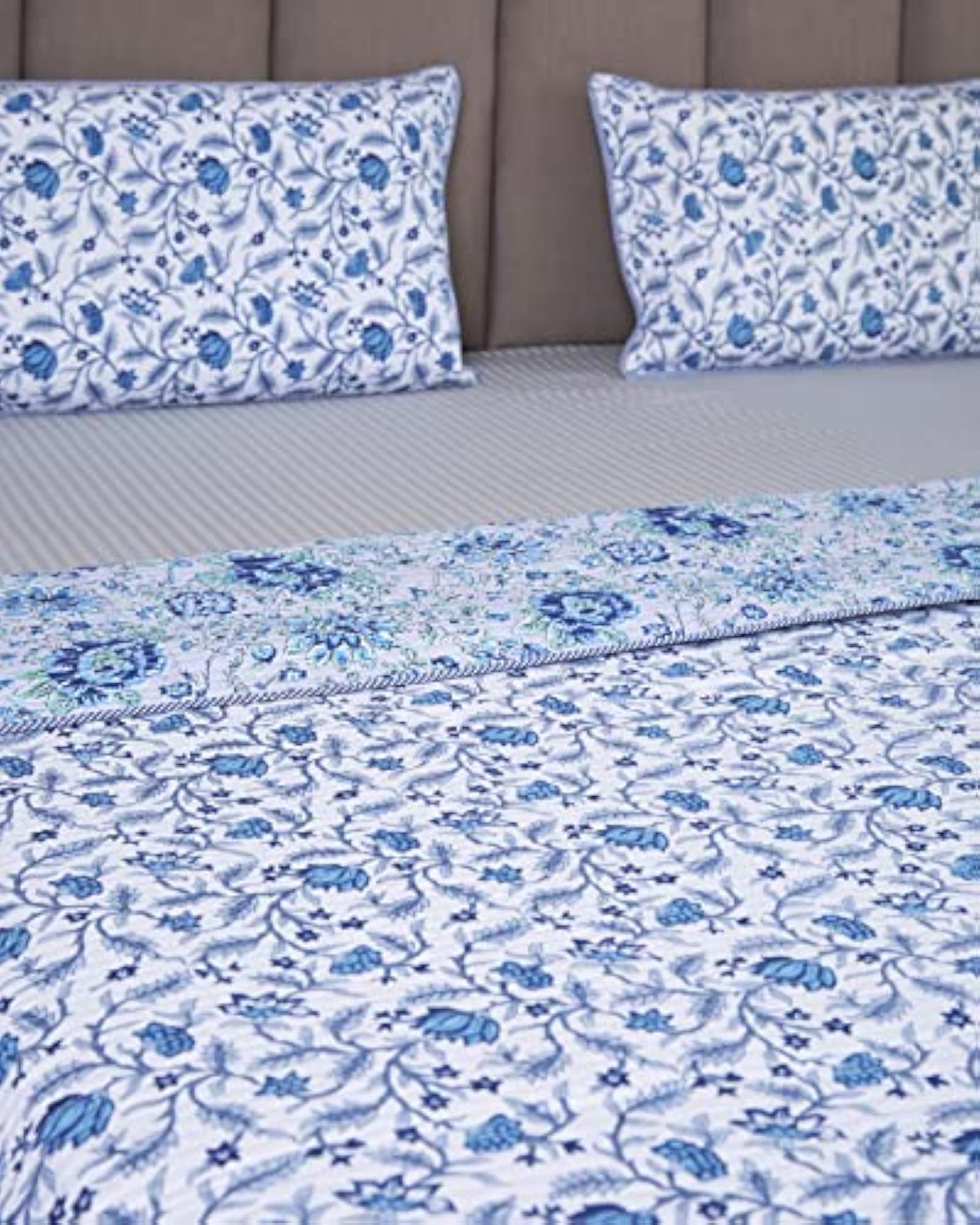 Reversible Cotton Quilted Bedcover with 2 Pillow Covers, Blue & Grey