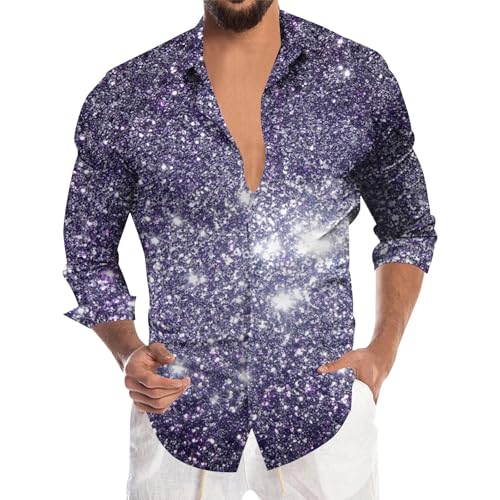 Generisch Camisa con purpurina para hombre, manga larga, con lentejuelas, estampada, discoteca, hippie, fiesta, camisa brillante de los años 70 y 80, disfraz de carnaval, camisa para hombre, camisa de