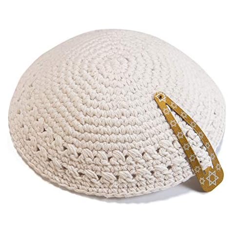 JL Kippha's Knitted 20cm White Cotton Kippah Jewish Israeli Judaica Yarmulke for Synagogue Cover
