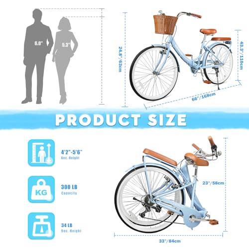 26 Inch Folding Beach Cruiser Bike for Women, 7-Speed Ladies