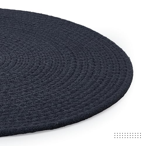 Image of Dining Table Mats Set of 4 | Cotton Table Mat 32 cm Diameter, Encasa XO Washable Round Table Mats, Heat Resistance Dining Table Placemats, Handmade Ribbed Style for Centre Table, Dark Blue