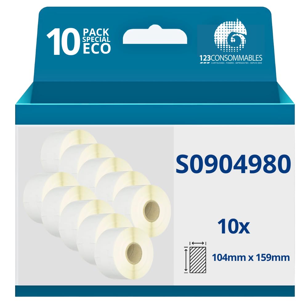123CONSOMMABLES - Pack de 10 Rouleaux étiquettes compatibles avec DYMO LABELWRITER 4XL (S0904980) - 104 mm x 159 mm