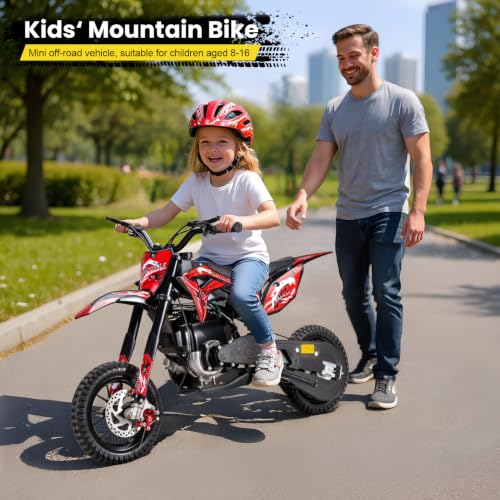 Image of Kids Dirt Bike, 50cc / Gas Powered Dirt Bike for Kids 8-14, 2-Stroke Mini Dirt Bike, Pull Start Off-Road Motorcycle, 10-Inch Tires, Disc Brakes, 25 MPH, 330 lb Max Load (Red 40CC 4-Stroke)