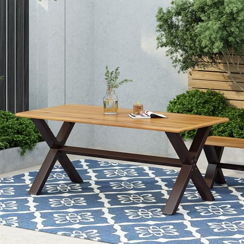 roomfitters Rectangular Outdoor Dining Table, Wooden Patio Table with X-Shaped Metal Legs for Garden or Deck, Teak