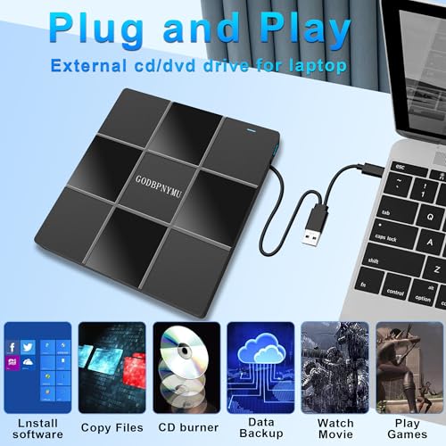 Image of External DVD Drive, USB DVD Drive for Laptop Featuring 8-in-1 Hub with USB-A /Type-C & TF /SD Card Reader - Compatible with Windows 11 /10 /8 /7 /XP, Linux, Mac OS - Includes Case + 4 Sleeves