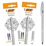 BIC Cristal Re'New Bolígrafo de metal recargable, pack de 2 bolígrafos + 4 recargas, tinta azul y negro