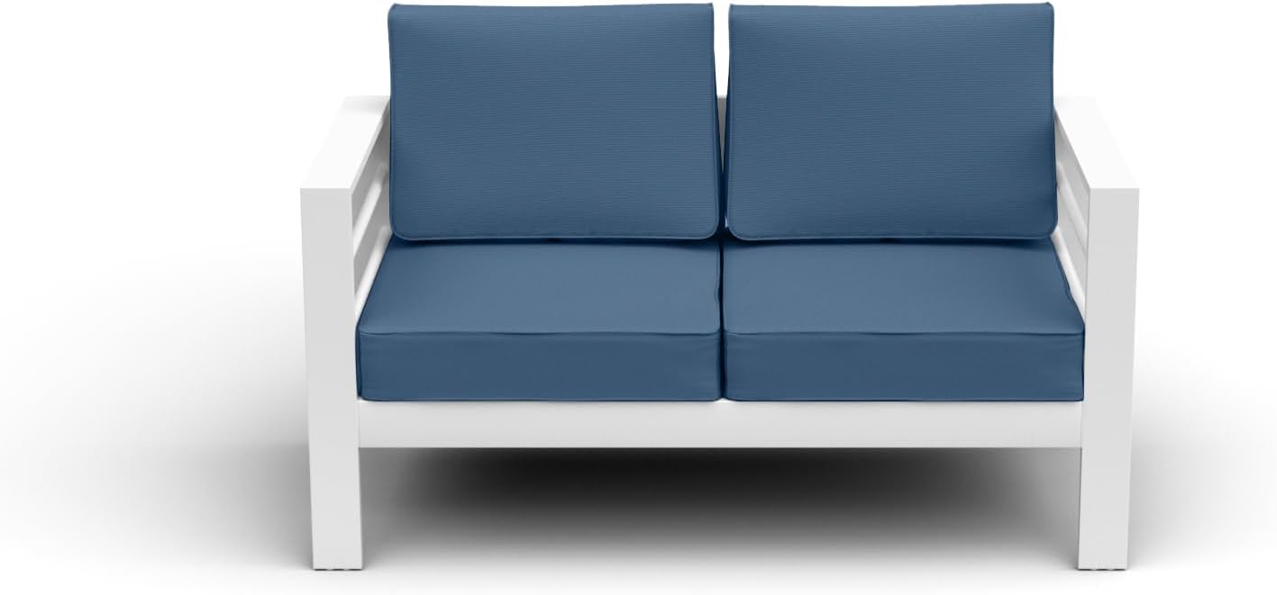 Amopatio Oversized Patio Furniture Aluminum Loveseat, All-Weather Outdoor 2 Seats Sofa Couch, Modern Metal Chair w/ 5 Inch Cushions, White&Blue (Include Waterproof Sofa Covers)