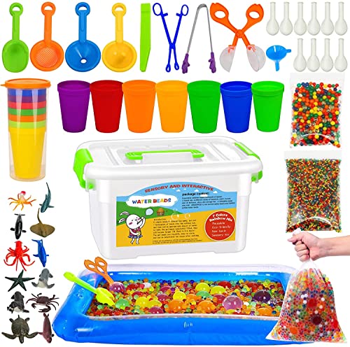 40000PCS Non Toxic Water Beads Sensory Toys , 50PCS Large Water Bead, Sensory Bins for Toddlers with 8 Cups, 12PCS Ocean Toy, 1 Funnel, 3 Colander,10 Balloons and 4 Tweezers, Inflatable Water Mat