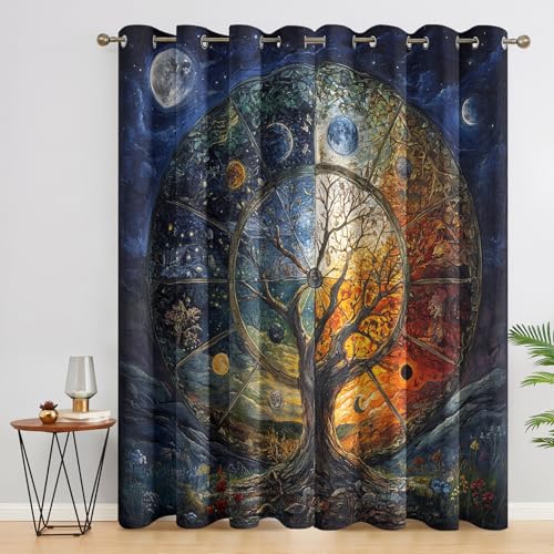 Tree of Life Curtains for Bedroom Decor, 54 Inches Long, Celestial Night and Day Fantasy Pattern Design Blackout Drapes, Tree of Life Curtains for Living Room, 2 Panels Set (E&-1659)