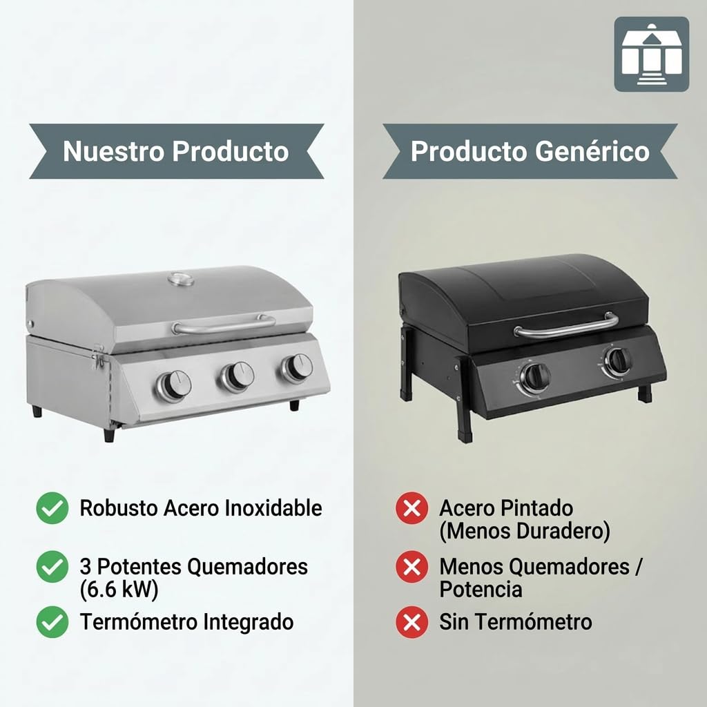 Tarrington House Barbacoa de Gas de Sobremesa Cathan, Acero Inoxidable, 3 Quemadores x 2,2 kW, Termómetro Integrado, Bandeja Recogegrasa, Portatil