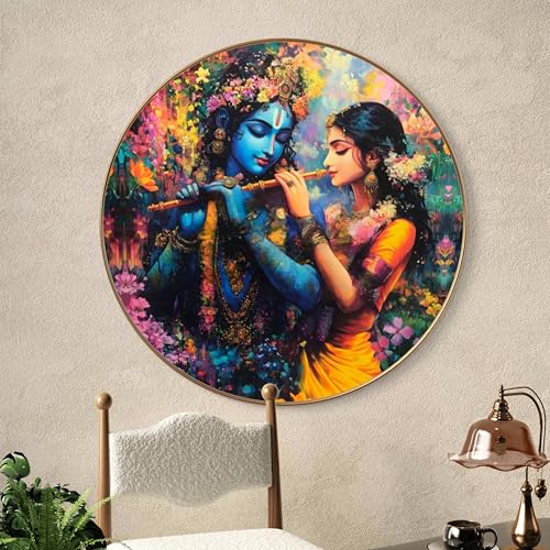 Image of Livin'luxe Radha Krishna Round Art Print with Golden Frame | Colorful Floral Divine Flute HD Art Print for Living Room Pooja Home Decor (23x23 Inch) Art-GR-211