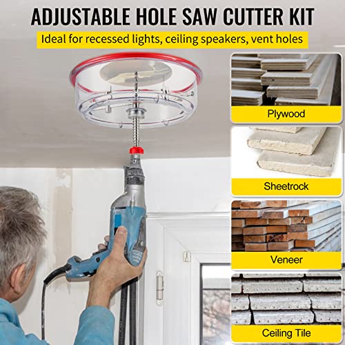VEVOR Adjustable Hole Saw Cutter Kit, 1-5/8" to 8" (40-200 mm), Twin Blade Recessed Hole Saw with PC Dust Shield, Two Replaceable Pilot Drill Bits, for Recessed Lights, Ceiling Speakers, Vent Holes