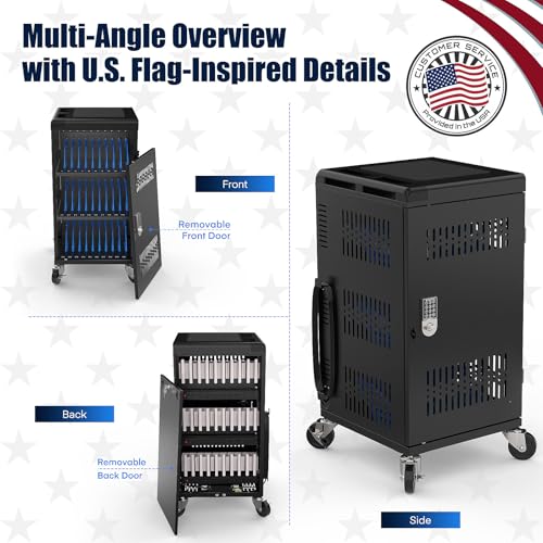 Image of Fully Assembled 30 Device Charging Cart for iPad, Chromebook and Laptop Computer with Keypad Lock,Up to 14-in Screen Size,Surge Protection,Front & Back Access Locking Cabinet