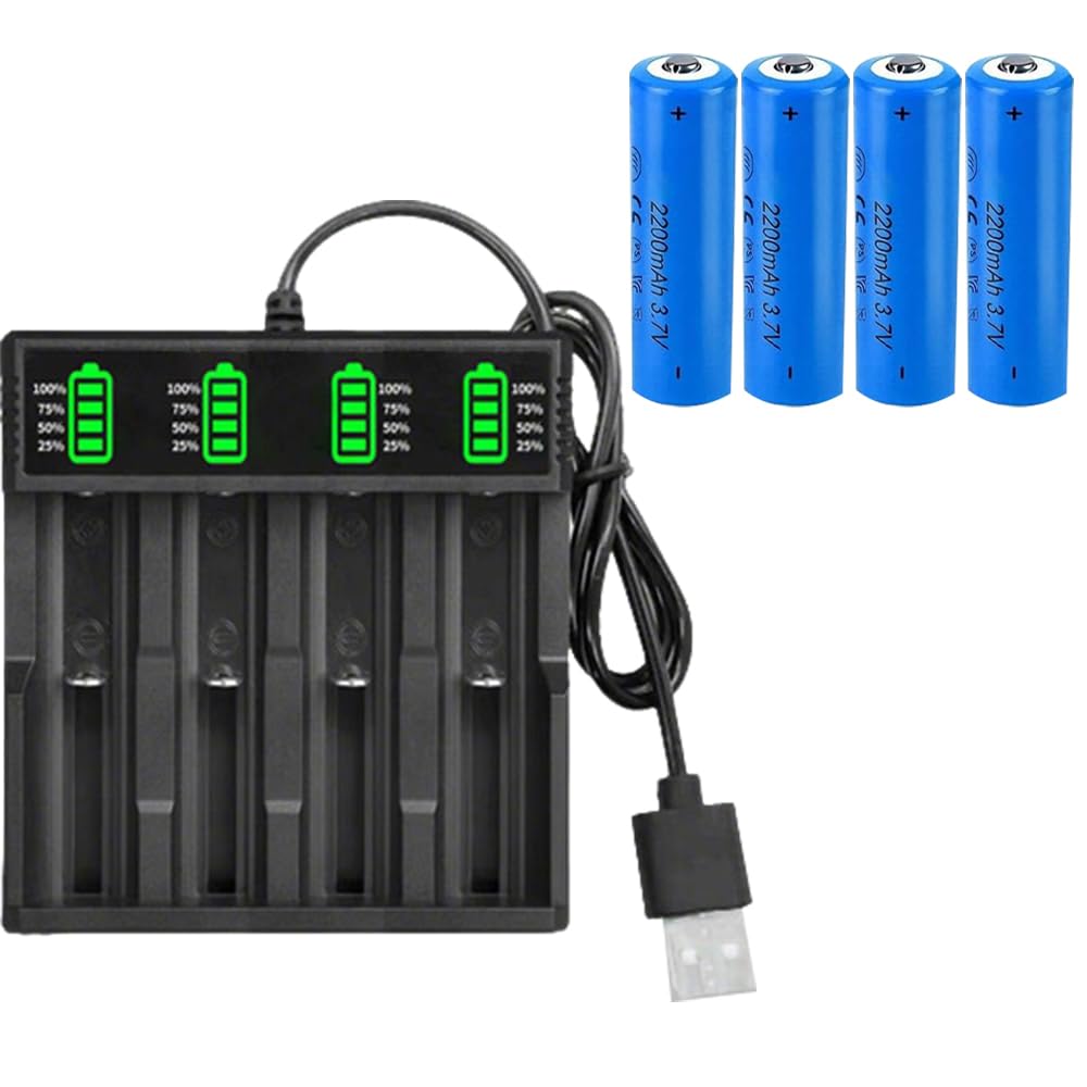 4 Pezzi 2200mAh Batterie 3.7V Ricaricabili, 3.7Volt Button Top NiMH Batteria Ricaricabile con Caricabatterie a 4 Slot, per Fotocamera, Piccolo Ventilatore, LED Lampada Frontale, Luci Solari