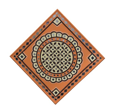 Image of Ethnics of Kutch Traditional Kutch Handicraft Mud-Mirrorwork Lippan Kam Wall Art (Water and Break Resistant) - Square (12 inch x 12 inch) - (Orange LKT-0266)