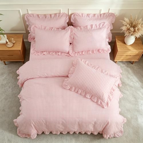 Image of Nayoroom Gingham Duvet Cover Queen Size Pink Ruffle Plaid Checkered Duvet Cover 3 Pieces Soft Washed Microfiber Vintage Farmhouse Dorm Bedding Set Gifts for Women Men