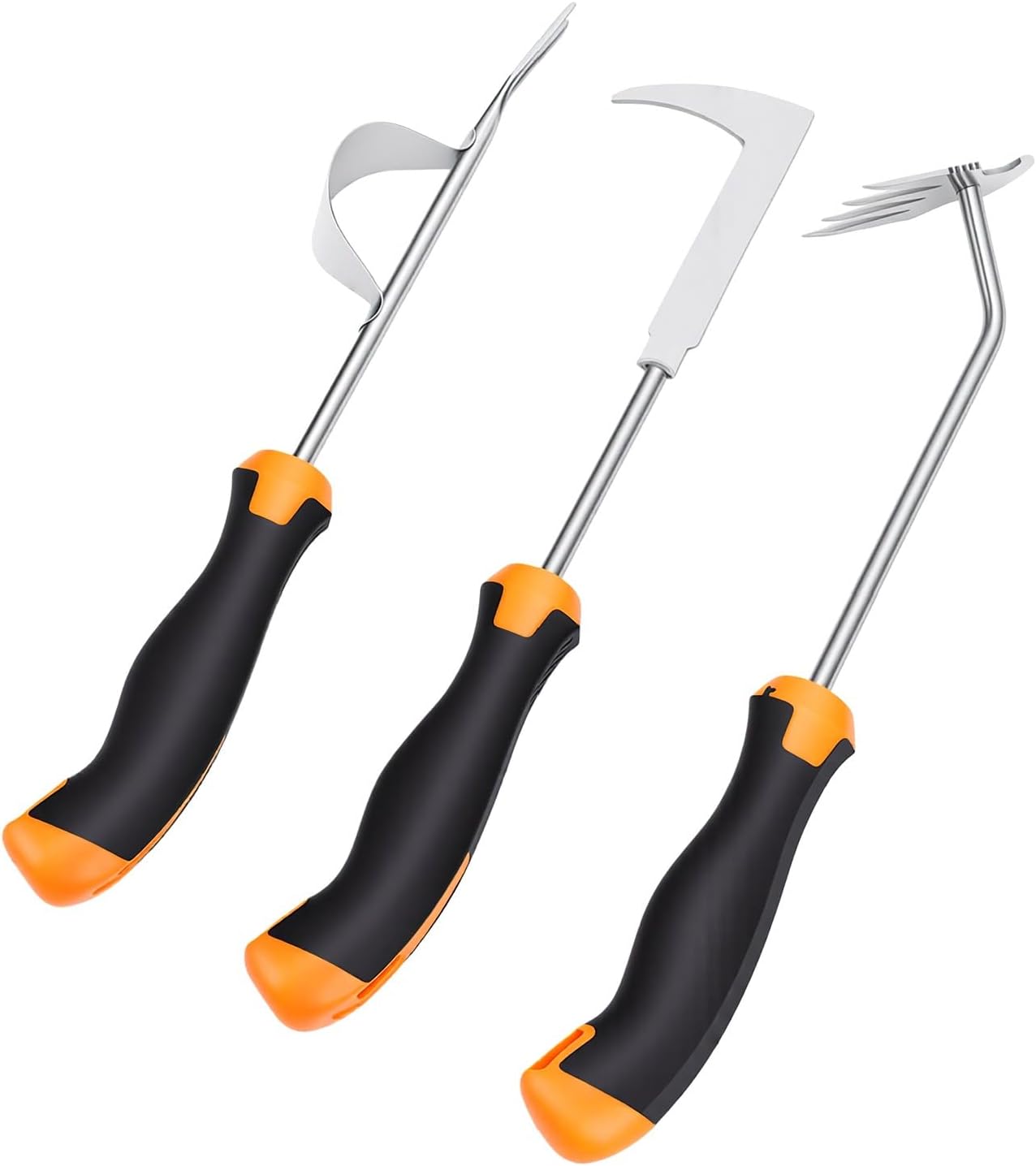GOTOTOP Stainless Steel Weeding Tool Set 3 Pieces L Shaped Crevice Weeder V Shaped Pull Weeder 4 Prong with Rubberized Handles for Garden Lawn Yard Farm