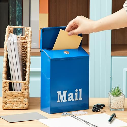 Image of MorningRo 10 x 7 x 3 Inch Small Blue Wall Mount Mailbox with Lock Key for Outside Apartment Porch Rust Proof Security Key Drop Box for Letters Newspapers Cards