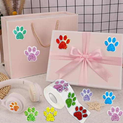 Image of 500Pcs Cute Dog Paws Vinyl Stickers Roll 1in Glitter Stickers 8 Colors Cute Dog Footprints Label Tag Self-Adhesive Classroom Reward Waterproof Decals for Bottle Birthday Party Decor
