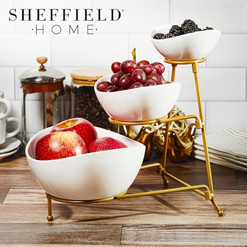 3 Tier Large Serving Bowls Set - Microwave & Dishwasher Safe Stoneware Fruit Bowl with Collapsible Gold Metal Stand - Bowls for Kitchen, Dinner Parties, Desserts, Chip and Dip & Side Dishes (White)