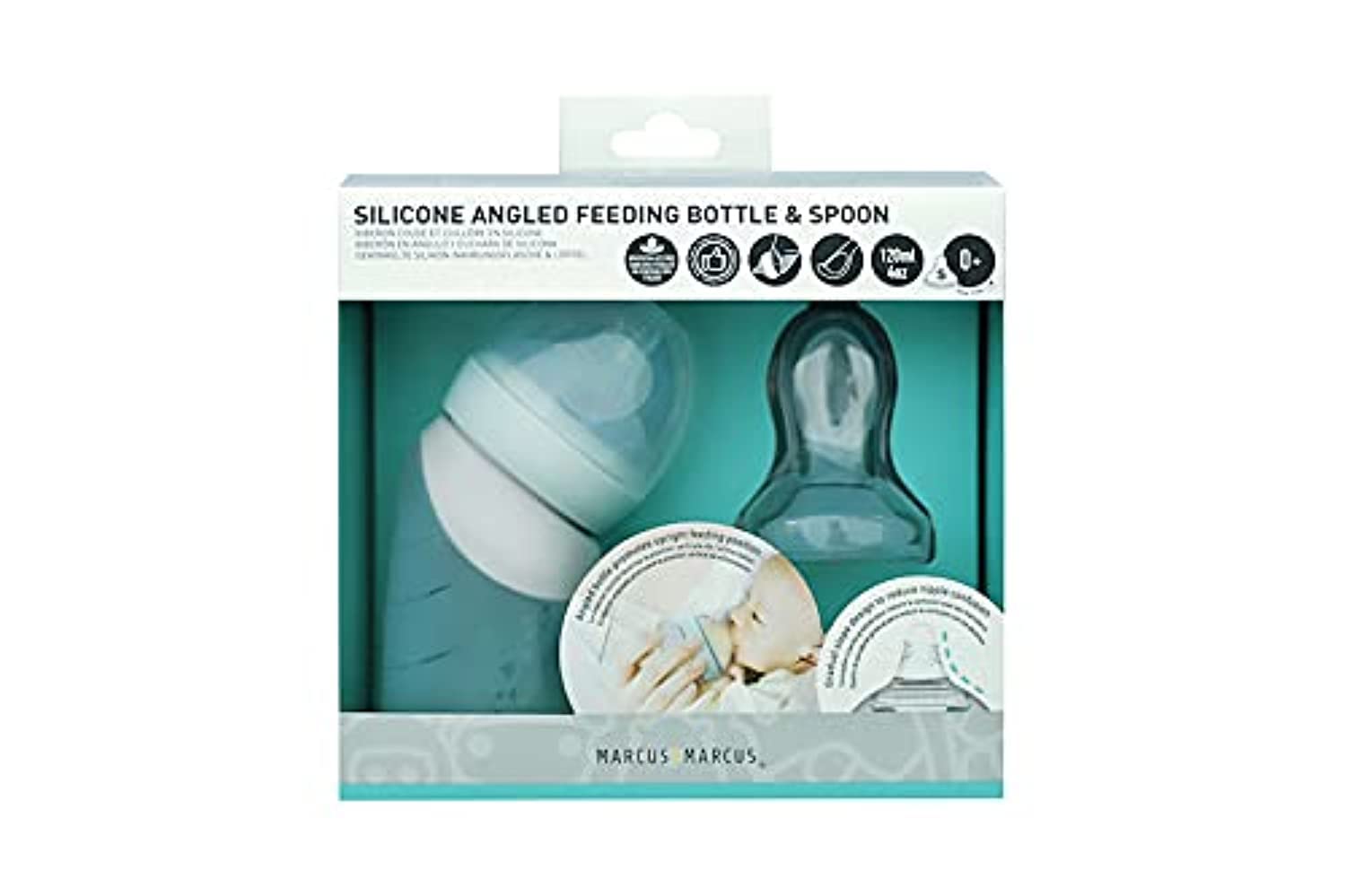 Marcus & Marcus 2 in 1 Silicone Angled Milk Baby Feeding Bottle & Dispensing Spoon Set 120ml | BPA Free | Extra Soft Silicone Nipple- Mint