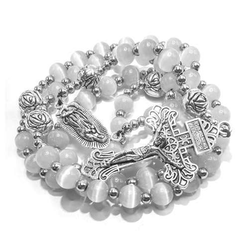 Catholic Rosary Necklace for Women & Men - White Stone & Stainless Steel Beads with St. Benedict Medal & Cross
