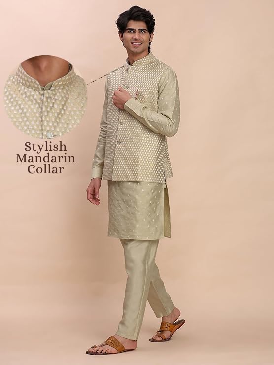 Pro-Ethic Style Developer Men's Cuffed Sleeves Silk Kurta and Trouser Set with Waistcoat (Nehru Jacket) (C-120) - Image 4