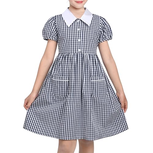 Sunny Fashion Girls Dress Blue White Gingham Puff Sleeve Button Pocket School Casual Age 7 Years