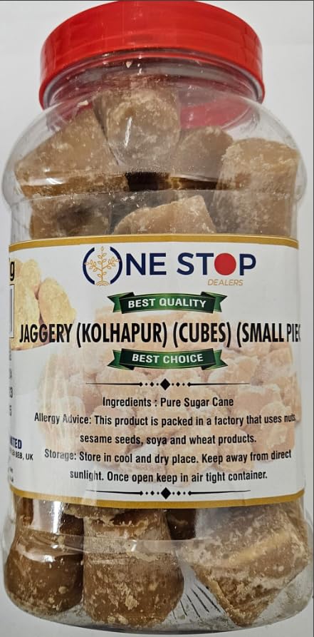 One Stop dealers Jaggery (Kolhapur) (Cubes) (Small Piece) (1Kg) – Pure Natural Jaggery – Used In Sweet And Savoury Dishes – Made From Sugar Cane (Pack of 1)