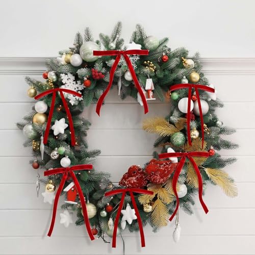 Image of 24 Pcs Red Velvet Bows Ornaments for Christmas Tree, Vintage Rustic Elegant Velvet Christmas Bows Tree Decorations, Indoor Home Decor for Wreath Mantle Gift Wrap Holiday Decor, 3 /8'' W, 5 * 7 inch