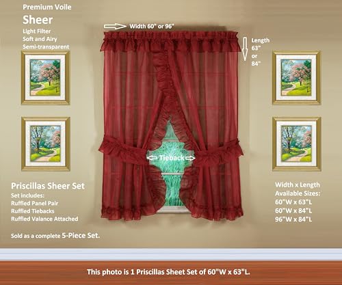 Image of Today's Curtain, Emelia Priscilla Sheer Pair 60 inch W x 63 inch L, Burgundy, 5-Piece-Set