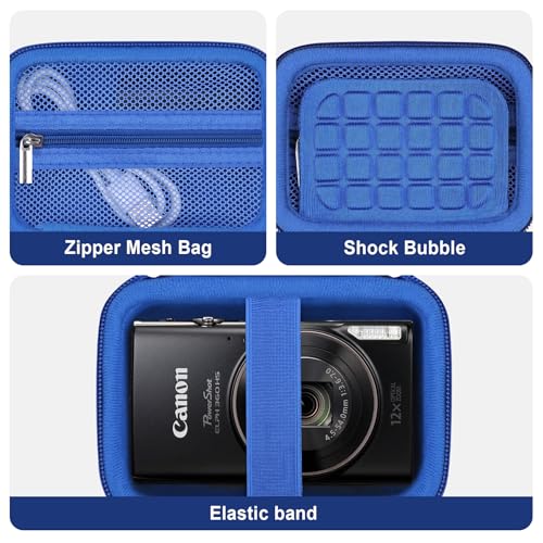 Image of Camera Case for Canon PowerShot ELPH 360 HS A, IXY 650 /ELPH 360 Camera Protective Case Storage Holder Travel Bag with Wrist Strap, Mesh Pocket for Battery Pack, USB Cable, Blue