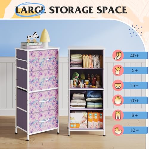 Image of WLIVE Dresser with 4 Drawers, Storage Tower, Organizer Unit, Fabric Dresser for Bedroom, Hallway, Entryway, Closets, Sturdy Steel Frame, Wood Top, Easy Pull Handle, Tie-dye Print (Pink, Purple, Blue)