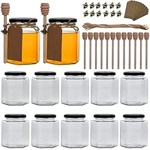 12Pack 12 oz Honey Jars With Lids，Glass Honey Jars With Black Lids,Clear Hexagon Glass Jar With Wooden Sticks for Party Favors, Wedding Favors,Jams