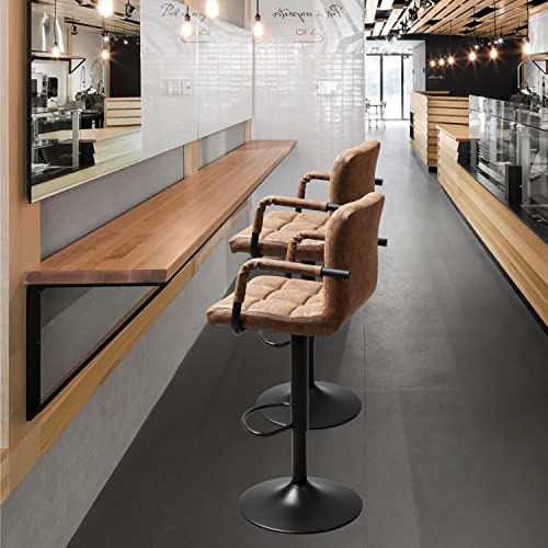 Finnhomy Bar Stools Set Of 2 Counter Height, Swivel Barstools With Armrest And L Shape Thicken Cushion Back, Height Adjustable Modern Bar Stools For Kitchen, Vintage Leather, Retro Brown #TOP1