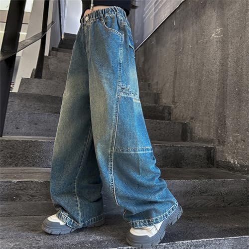 Jeans for Girls Baggy Wide Leg Denim Pants Kids Cute Elastic Waist Button Trousers Trendy Y2k Streetwear with Pockets3