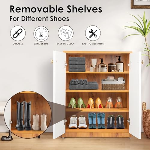 Image of Shoe Storage Cabinet with Doors, Engineered Wood Wooden Shoe Rack Organizer for 8-12 Pairs, Space Saving Shoe Cupboard for Entryway, Bedroom, Living Room, Hallway(SHEESHAM&White 4 Shelf)