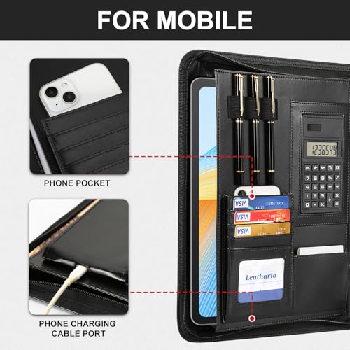 Leathario Portfolio Binder, Includes 10 Sheet Protectors and a Pen, 13 Inch Tablets Organizer, Vegan Leather A4 Padfolio, Multi-Pocket Notepad Business Planner Professional 3 Ring Document by Leathario - Image 6