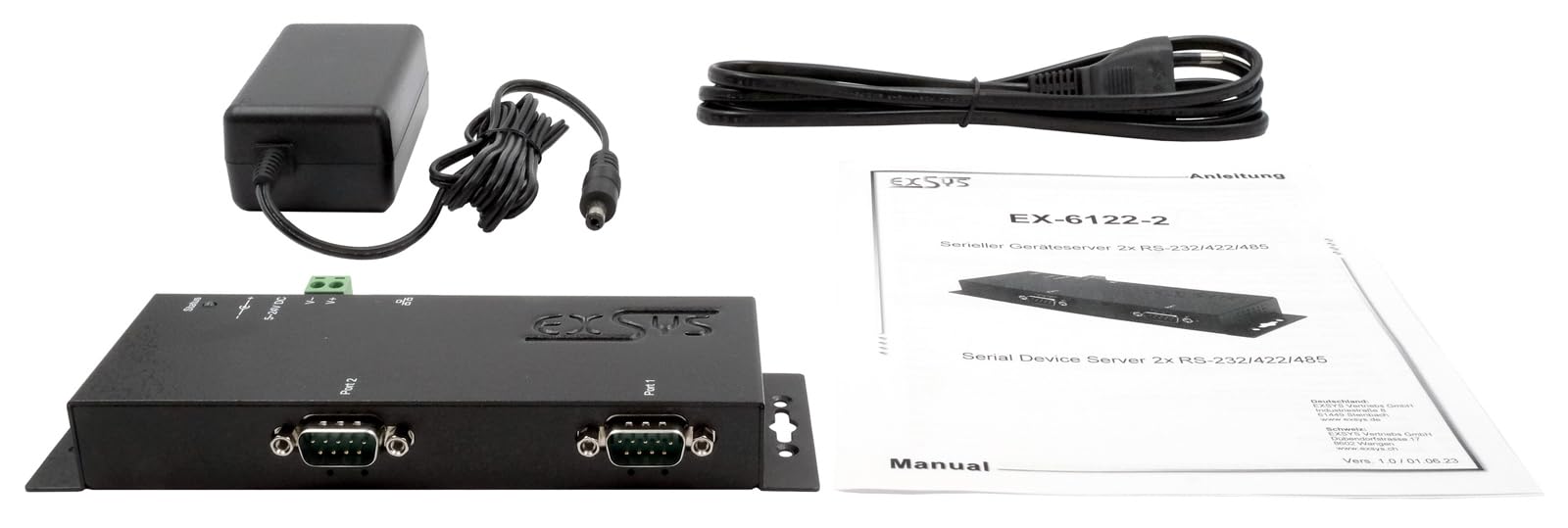 EXSYS EX-6122-2 Ethernet zu Seriell 2 x RS-232/422/485 mit 9 Pin Stecker inkl. Virtual Com Software