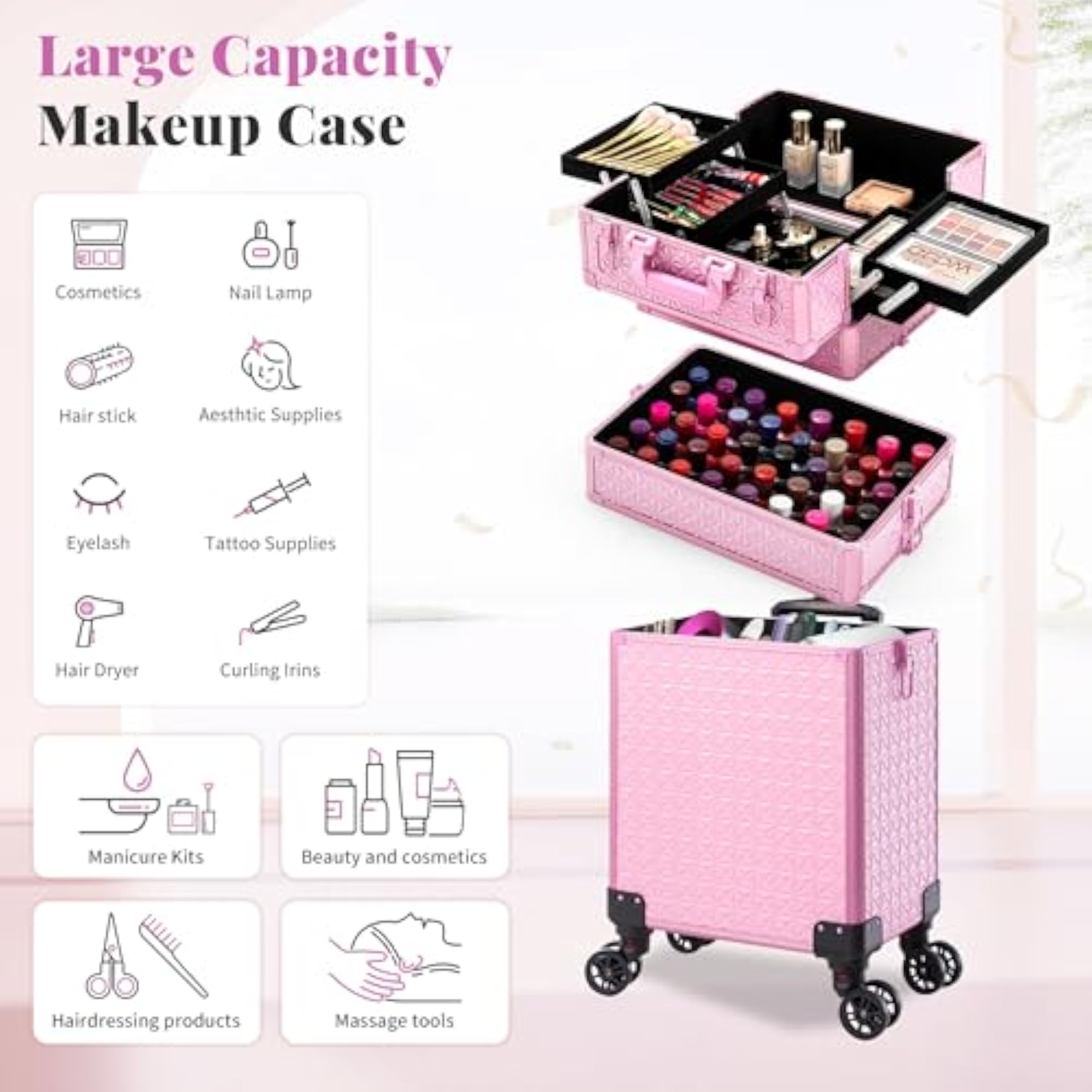 3 in 1 Rolling Makeup Train Case, Large Storage