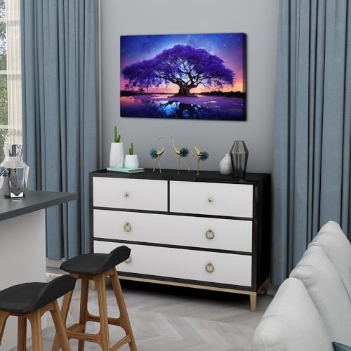 Image of Purple Tree Landscape Wall Art Blue Starry Night Picture Artwork for Living Room Wall Decor Abstract Nature Scenery Canvas Print Painting for Modern Bedroom Bathroom Home Office Decoration 16x24 inch