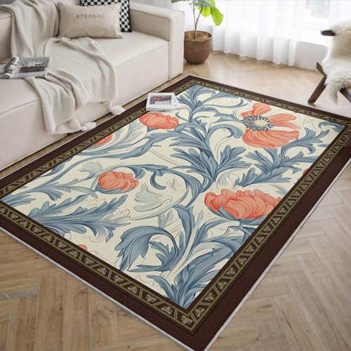 Tapis antidérapant lavable en machine bleu fleurs d'orange