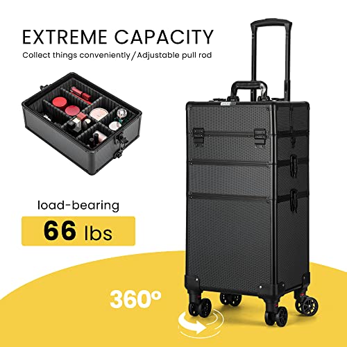 Vivohome 4 In 1 Makeup Rolling Train Case Aluminum Trolley Professional Cosmetic Organizer Box With Shoulder Straps 2 Keys Black(Cosmetic Are Not Included) #TOP3