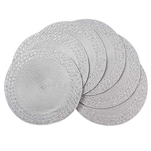 AHHFSMEI Round Braided Placemats 15 Inch Round Table Mats for Dining Tables Polypropylene Woven Heat Resistant Place mats Set of 6 Silver Grey