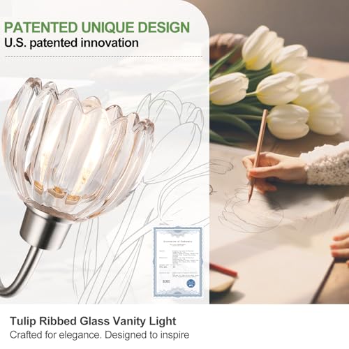 Image of 3-Light Bathroom Light Fixtures, 20 inch Vanity Light Over Mirror with Ribbed Clear Tulip Glass Shades, Brushed Nickel Wall Lights for Bathroom, Bedroom, Living Room, Hallway (Bulb Not Included)